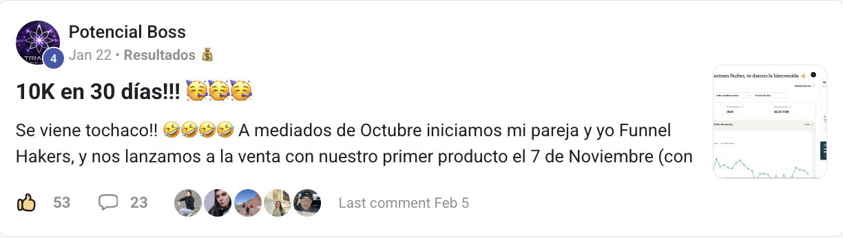 Panel de Hotmart de María Del Carmen Núñez con facturación bruta de 10.023,44 USD y 1.601 transacciones en los últimos 30 días, y evolución acumulada de 11.637 euros.