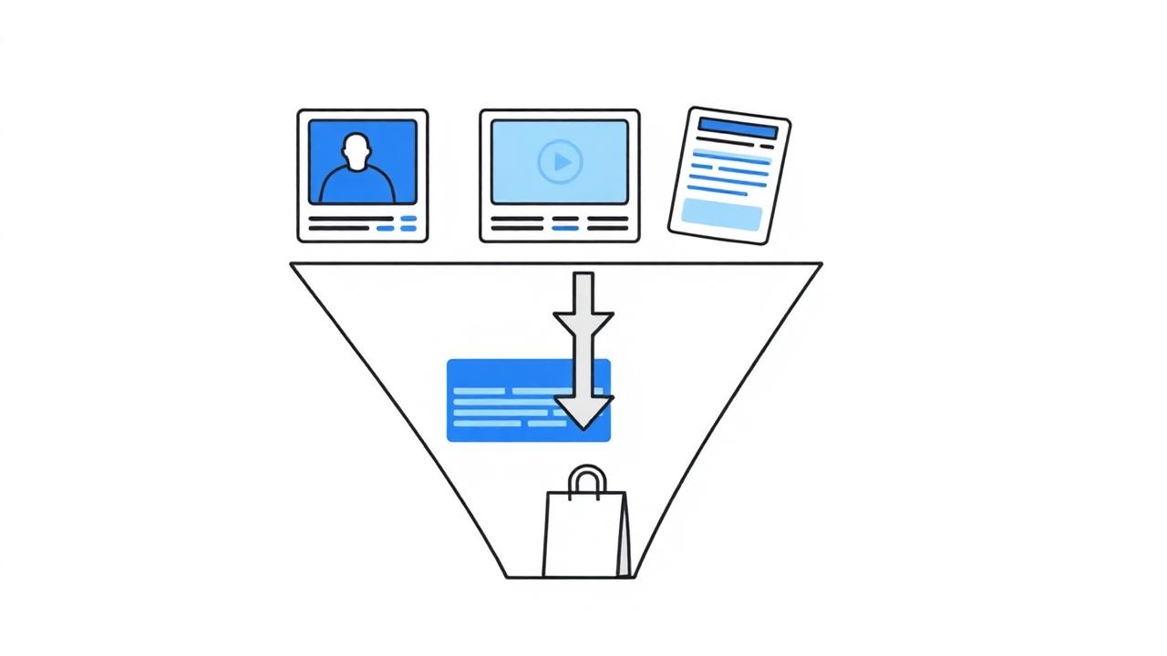 Diagrama de un embudo de ventas con anuncios, página de aterrizaje y producto