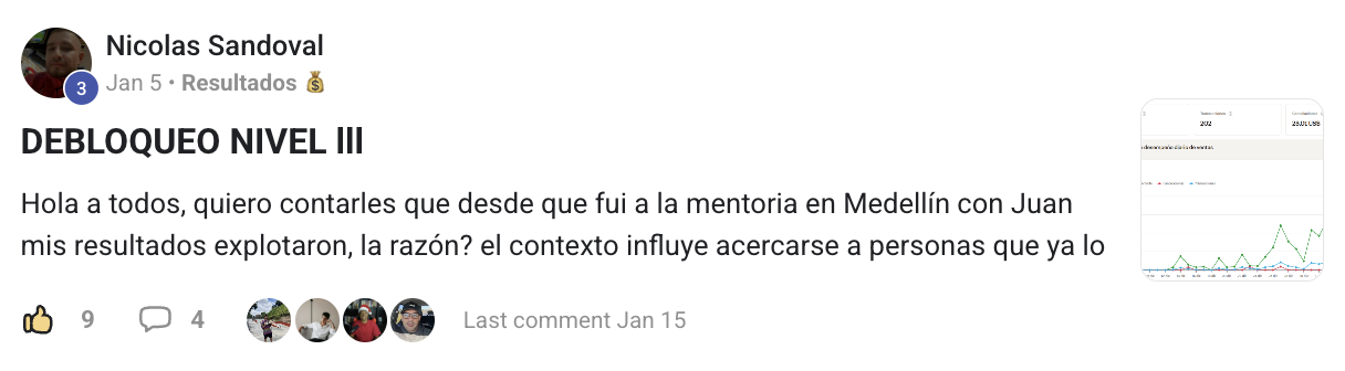Panel de Nicolas Sandoval mostrando una curva de ventas en fuerte crecimiento tras asistir a la mentoría presencial.