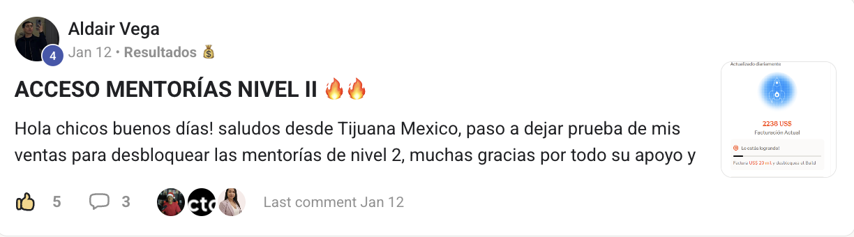 Panel 'Mi evolución' de Aldair Vega mostrando 2.238 USD de facturación actual.