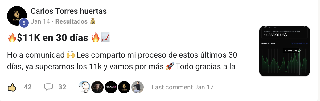 Captura del panel de ingresos de Carlos Torres mostrando 11.358,90 USD obtenidos durante los últimos 30 días, con gráfico diario de ventas.