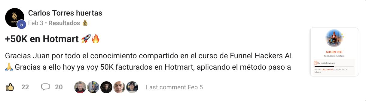 Panel de Carlos Torres mostrando 50.089 USD de facturación actual en Hotmart, camino a la meta de 100 mil.
