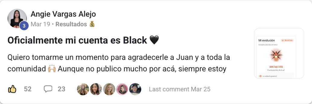 Captura del panel 'Mi evolución' de Angie Vargas mostrando nivel Hotmart Black One y facturación actual de 189.748 USD.