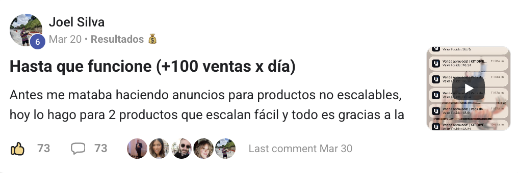 Captura del post de Joel Silva titulado 'Hasta que funcione (+100 ventas x día)' con un video de notificaciones de ventas aprobadas.