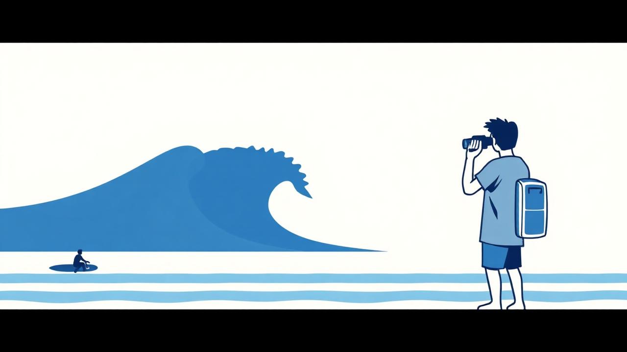 Persona observando con binoculares antes de tirarse al mar — analogía del funnel hacking