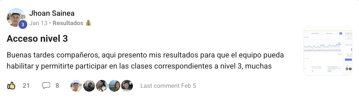 Panel de desempeño de ventas de Jhoan Sainea mostrando 10.095,02 USD de ingreso neto en los últimos 30 días con gráfico de ventas en crecimiento.