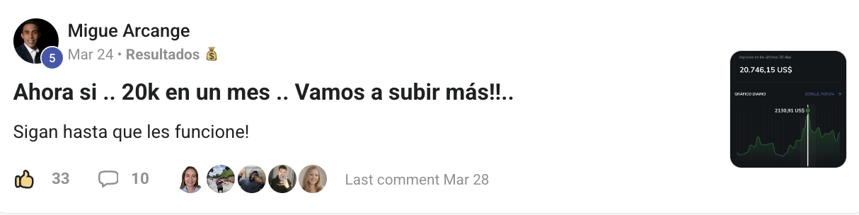 Panel de ingresos de Migue Arcange mostrando 20.746,15 USD en los últimos 30 días con gráfico diario y un pico de 2.130,91 USD.