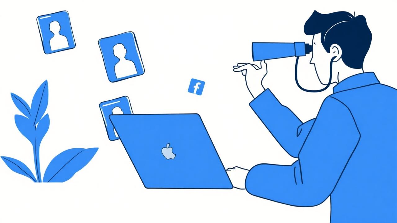 Ilustración de una persona espiando anuncios de Meta desde su laptop