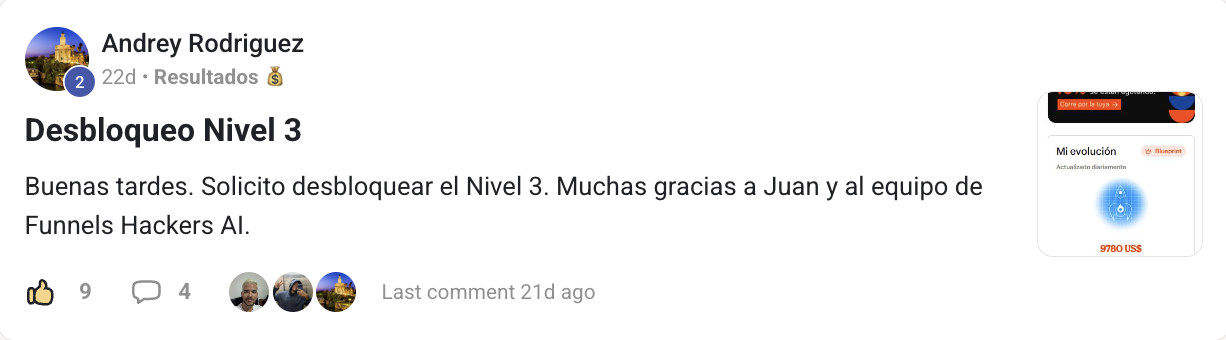 Panel 'Mi evolución' de Andrey Rodríguez mostrando 9.780 USD de facturación actual.
