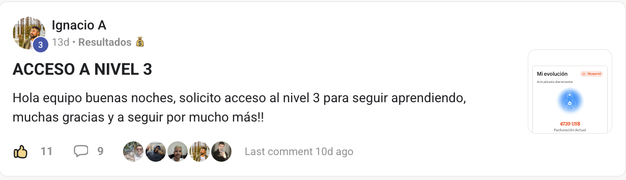 Panel 'Mi evolución' de Ignacio mostrando 4.739 USD de facturación actual.